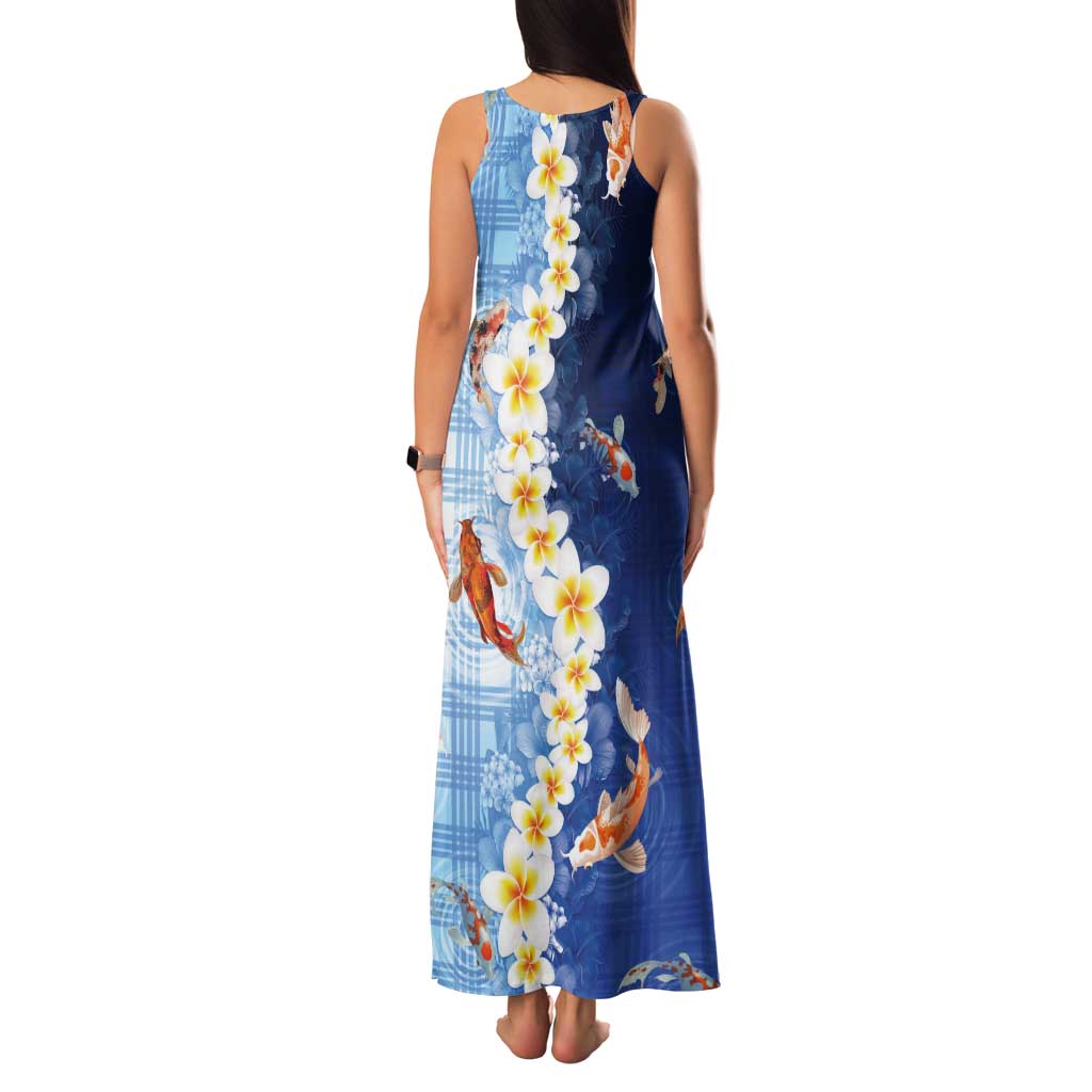 Hawaii And Japan Tank Maxi Dress Plumeria Lei With Koi Fish Blue LT05 - Polynesian Pride