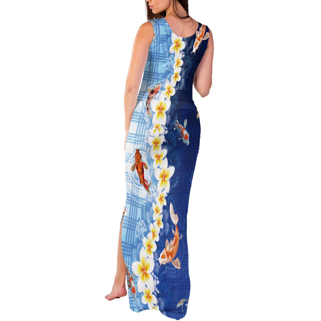 Hawaii And Japan Tank Maxi Dress Plumeria Lei With Koi Fish Blue LT05 - Polynesian Pride