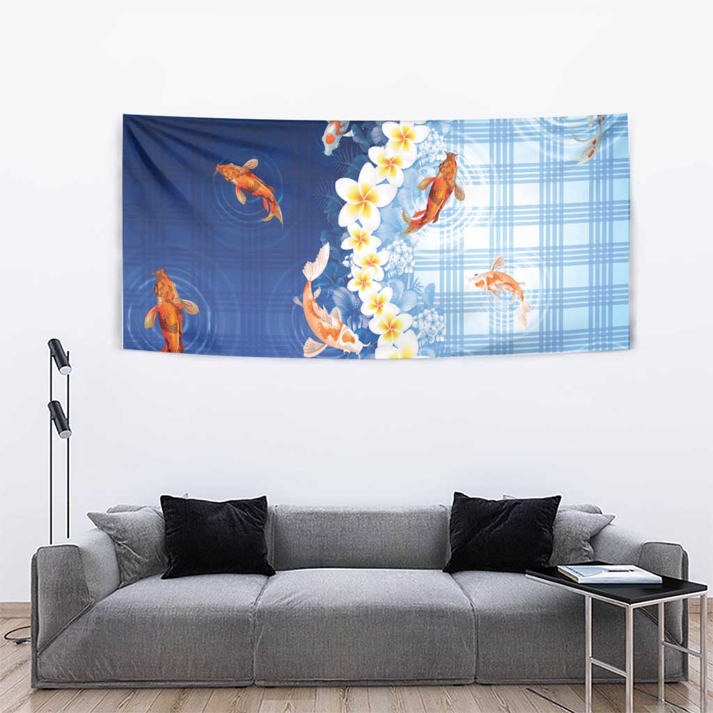 Hawaii And Japan Tapestry Plumeria Lei With Koi Fish Blue - Polynesian Pride