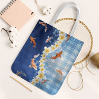 Hawaii And Japan Tote Bag Plumeria Lei With Koi Fish Blue LT05 White Strap One Size Blue - Polynesian Pride