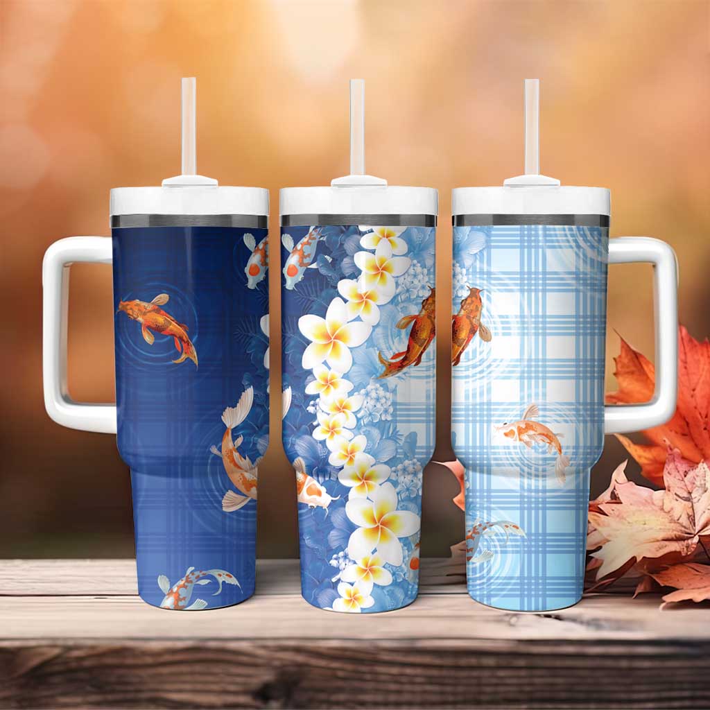 Hawaii And Japan Tumbler With Handle Plumeria Lei With Koi Fish Blue LT05 - Polynesian Pride