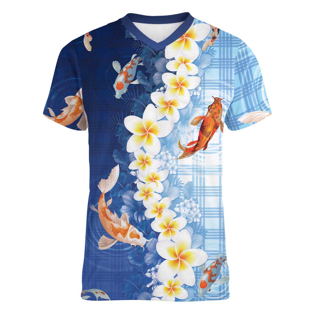 Hawaii And Japan Women V-Neck T-Shirt Plumeria Lei With Koi Fish Blue - Polynesian Pride
