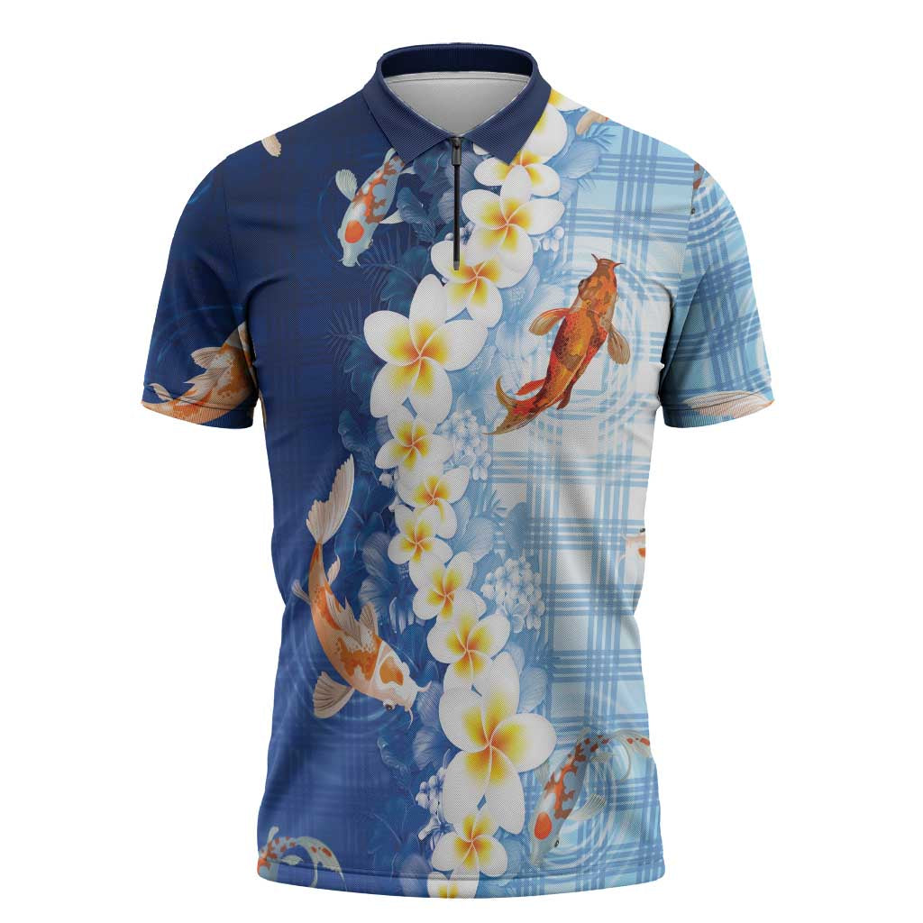 Hawaii And Japan Zipper Polo Shirt Plumeria Lei With Koi Fish Blue LT05 Blue - Polynesian Pride