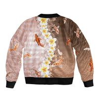 Hawaii And Japan Bomber Jacket Plumeria Lei With Koi Fish Beige - Polynesian Pride