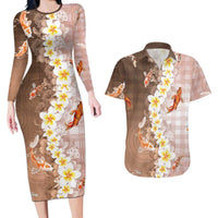 Hawaii And Japan Couples Matching Long Sleeve Bodycon Dress and Hawaiian Shirt Plumeria Lei With Koi Fish Beige LT05 Beige - Polynesian Pride