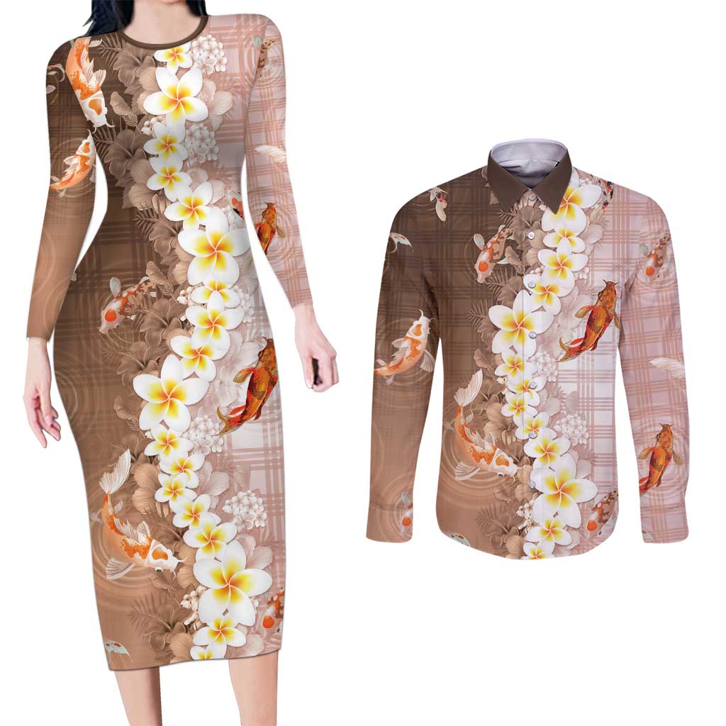 Hawaii And Japan Couples Matching Long Sleeve Bodycon Dress and Long Sleeve Button Shirt Plumeria Lei With Koi Fish Beige LT05 Beige - Polynesian Pride