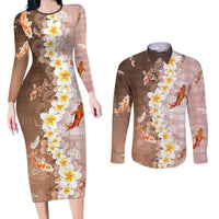 Hawaii And Japan Couples Matching Long Sleeve Bodycon Dress and Long Sleeve Button Shirt Plumeria Lei With Koi Fish Beige LT05 Beige - Polynesian Pride