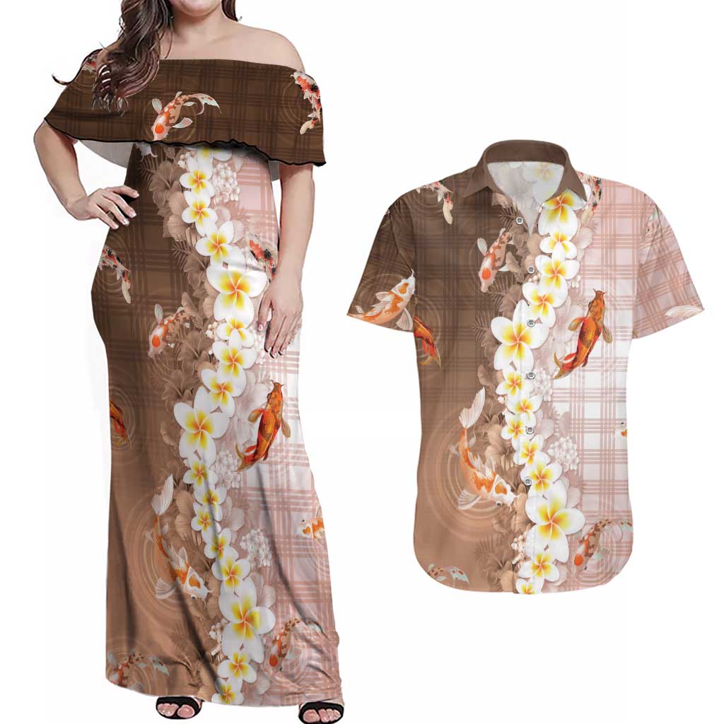 Hawaii And Japan Couples Matching Off Shoulder Maxi Dress and Hawaiian Shirt Plumeria Lei With Koi Fish Beige LT05 Beige - Polynesian Pride