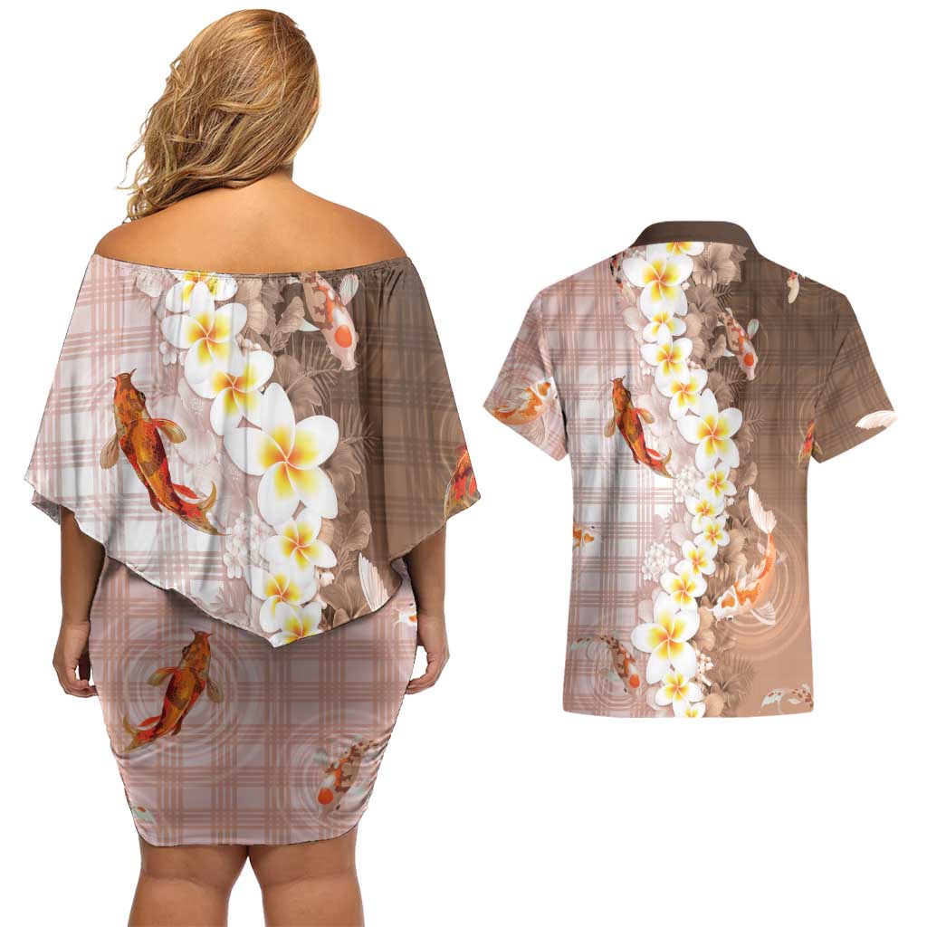 Hawaii And Japan Couples Matching Off Shoulder Short Dress and Hawaiian Shirt Plumeria Lei With Koi Fish Beige LT05 - Polynesian Pride