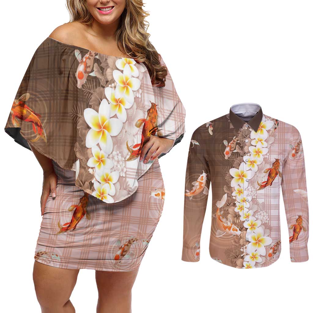 Hawaii And Japan Couples Matching Off Shoulder Short Dress and Long Sleeve Button Shirt Plumeria Lei With Koi Fish Beige LT05 Beige - Polynesian Pride