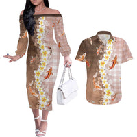 Hawaii And Japan Couples Matching Off The Shoulder Long Sleeve Dress and Hawaiian Shirt Plumeria Lei With Koi Fish Beige LT05 Beige - Polynesian Pride