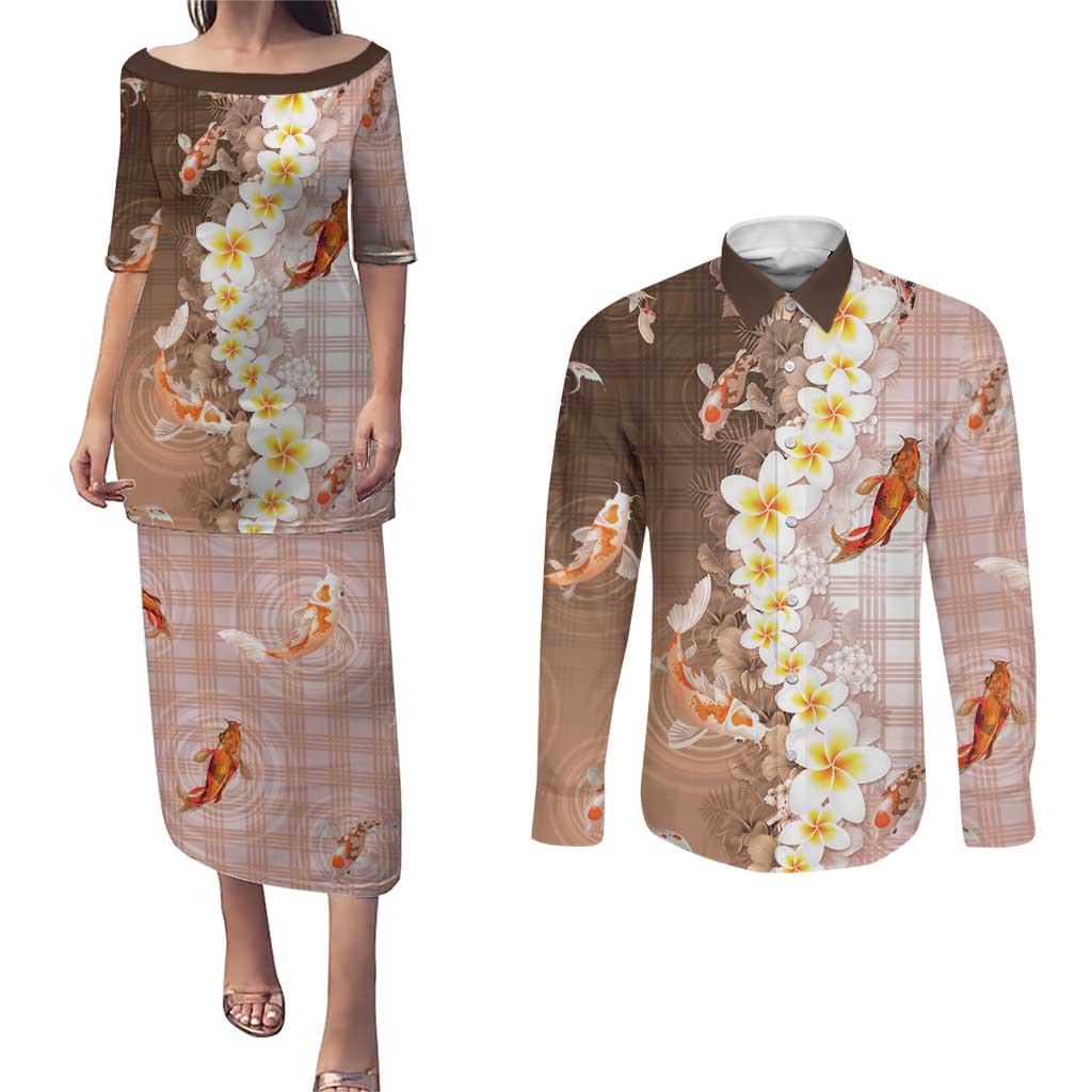 Hawaii And Japan Couples Matching Puletasi and Long Sleeve Button Shirt Plumeria Lei With Koi Fish Beige - Polynesian Pride
