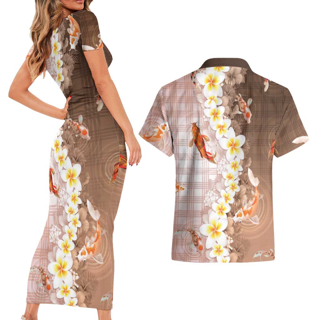 Hawaii And Japan Couples Matching Short Sleeve Bodycon Dress and Hawaiian Shirt Plumeria Lei With Koi Fish Beige LT05 - Polynesian Pride