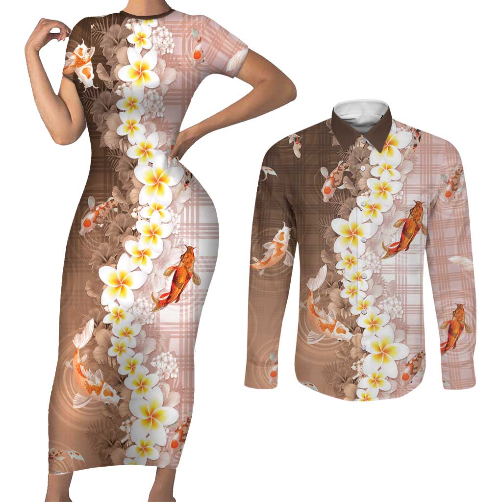 Hawaii And Japan Couples Matching Short Sleeve Bodycon Dress and Long Sleeve Button Shirt Plumeria Lei With Koi Fish Beige LT05 Beige - Polynesian Pride
