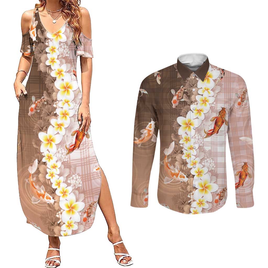 Hawaii And Japan Couples Matching Summer Maxi Dress and Long Sleeve Button Shirt Plumeria Lei With Koi Fish Beige - Polynesian Pride