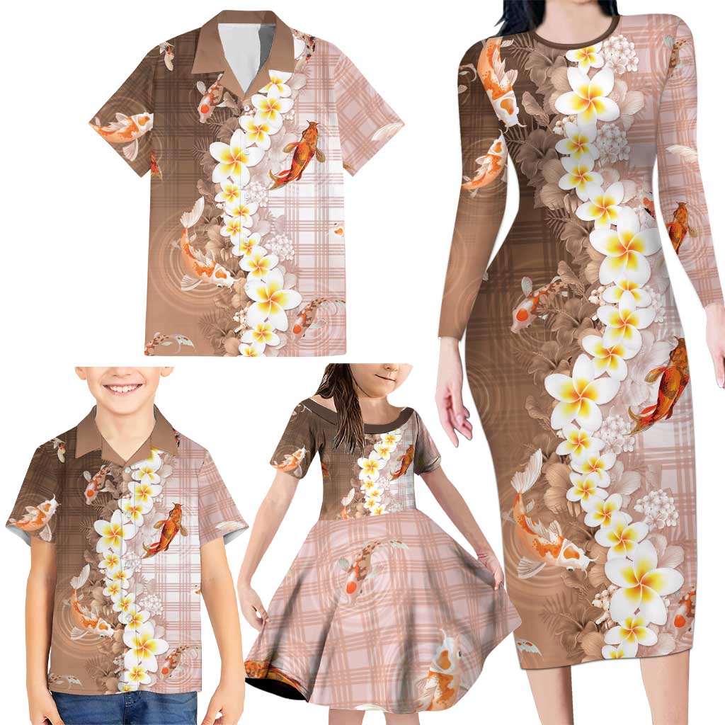 Hawaii And Japan Family Matching Long Sleeve Bodycon Dress and Hawaiian Shirt Plumeria Lei With Koi Fish Beige - Polynesian Pride