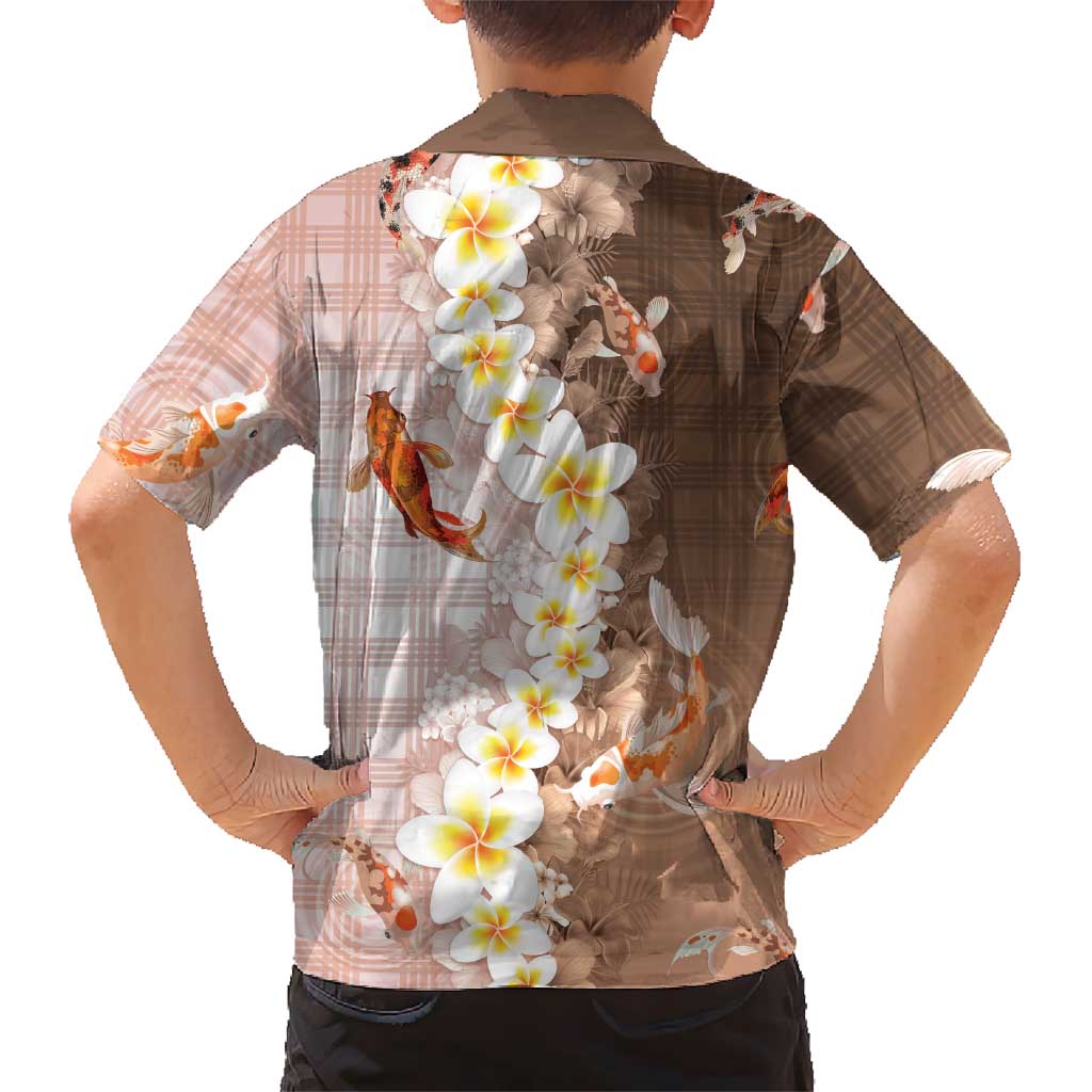Hawaii And Japan Family Matching Off Shoulder Maxi Dress and Hawaiian Shirt Plumeria Lei With Koi Fish Beige LT05 - Polynesian Pride
