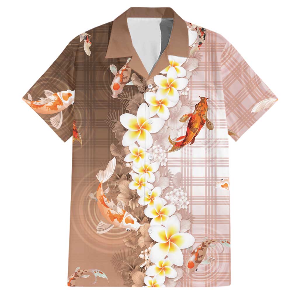 Hawaii And Japan Family Matching Off Shoulder Short Dress and Hawaiian Shirt Plumeria Lei With Koi Fish Beige LT05 Dad's Shirt - Short Sleeve Beige - Polynesian Pride
