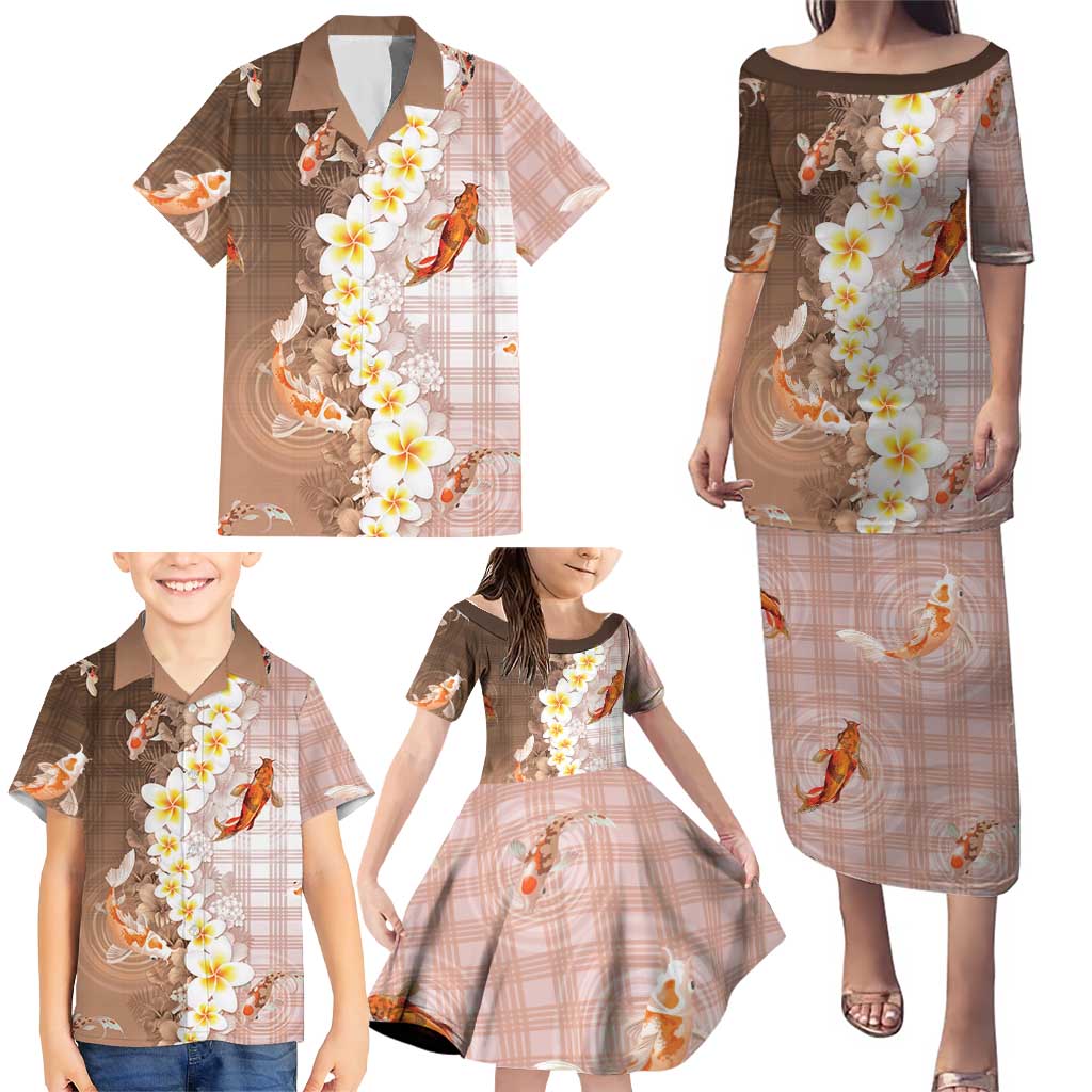 Hawaii And Japan Family Matching Puletasi and Hawaiian Shirt Plumeria Lei With Koi Fish Beige - Polynesian Pride