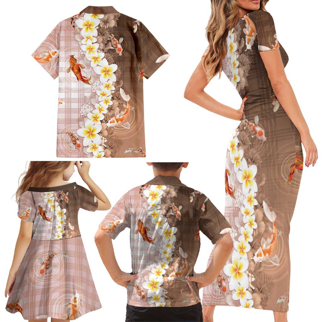 Hawaii And Japan Family Matching Short Sleeve Bodycon Dress and Hawaiian Shirt Plumeria Lei With Koi Fish Beige - Polynesian Pride