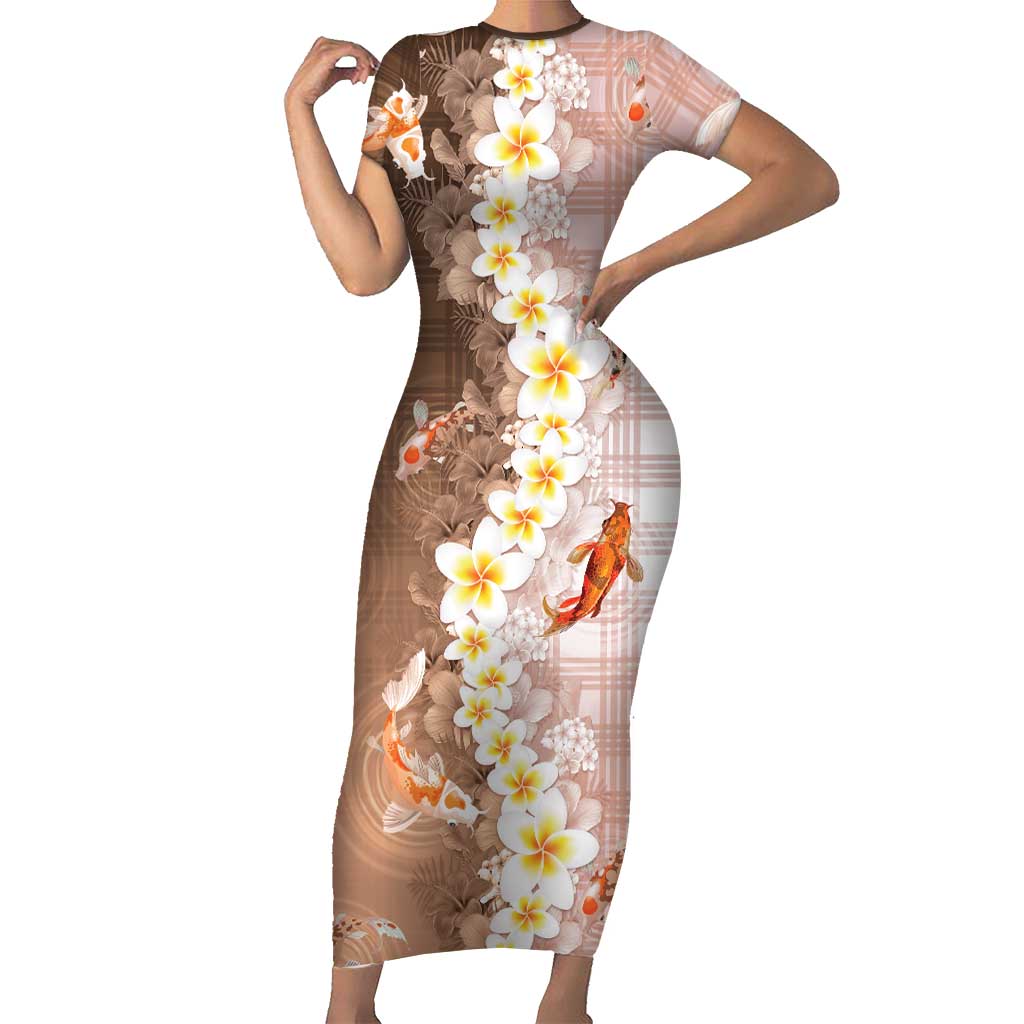 Hawaii And Japan Family Matching Short Sleeve Bodycon Dress and Hawaiian Shirt Plumeria Lei With Koi Fish Beige - Polynesian Pride