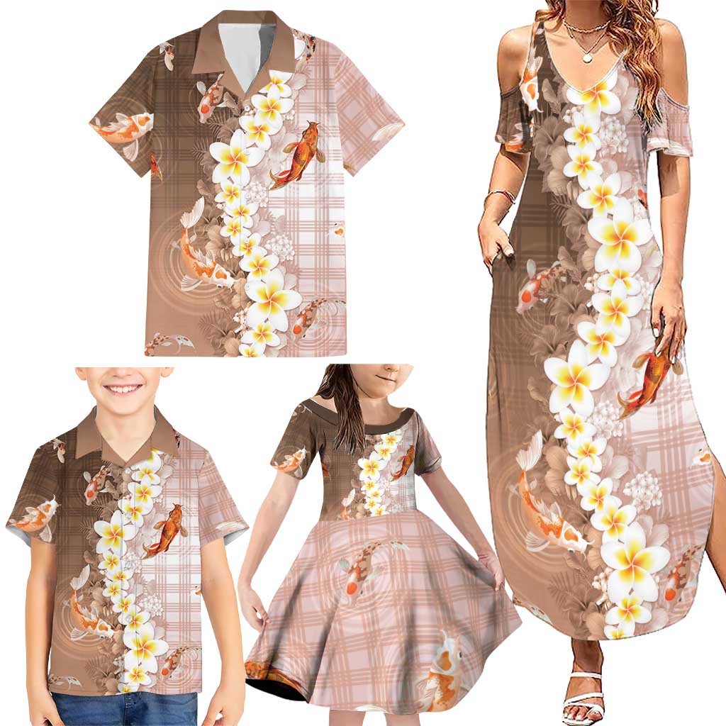 Hawaii And Japan Family Matching Summer Maxi Dress and Hawaiian Shirt Plumeria Lei With Koi Fish Beige LT05 - Polynesian Pride