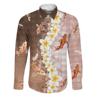 Hawaii And Japan Family Matching Summer Maxi Dress and Hawaiian Shirt Plumeria Lei With Koi Fish Beige LT05 Dad's Shirt - Long Sleeve Beige - Polynesian Pride