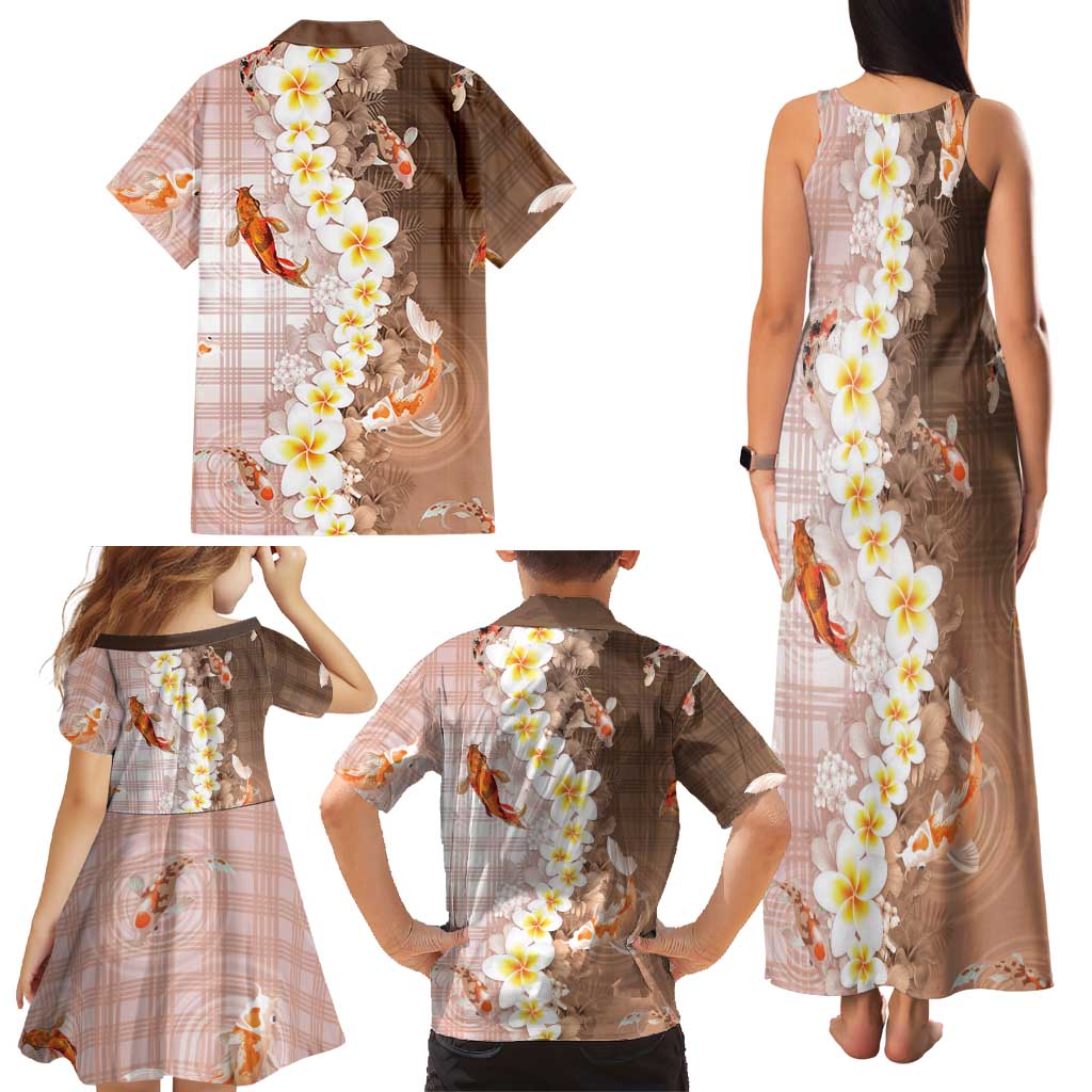 Hawaii And Japan Family Matching Tank Maxi Dress and Hawaiian Shirt Plumeria Lei With Koi Fish Beige LT05 - Polynesian Pride