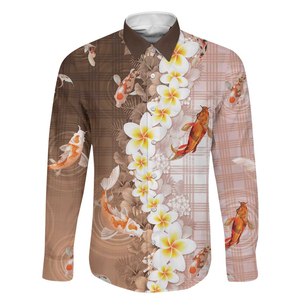 Hawaii And Japan Family Matching Tank Maxi Dress and Hawaiian Shirt Plumeria Lei With Koi Fish Beige LT05 Dad's Shirt - Long Sleeve Beige - Polynesian Pride