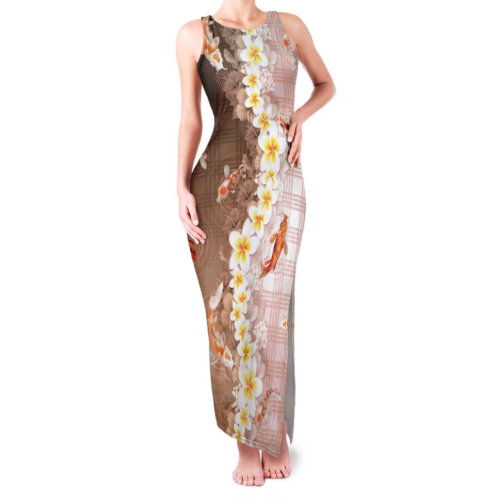 Hawaii And Japan Family Matching Tank Maxi Dress and Hawaiian Shirt Plumeria Lei With Koi Fish Beige LT05 Mom's Dress Beige - Polynesian Pride