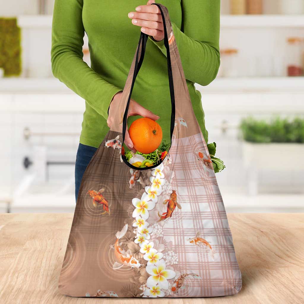 Hawaii And Japan Grocery Bag Plumeria Lei With Koi Fish Beige LT05 - Polynesian Pride