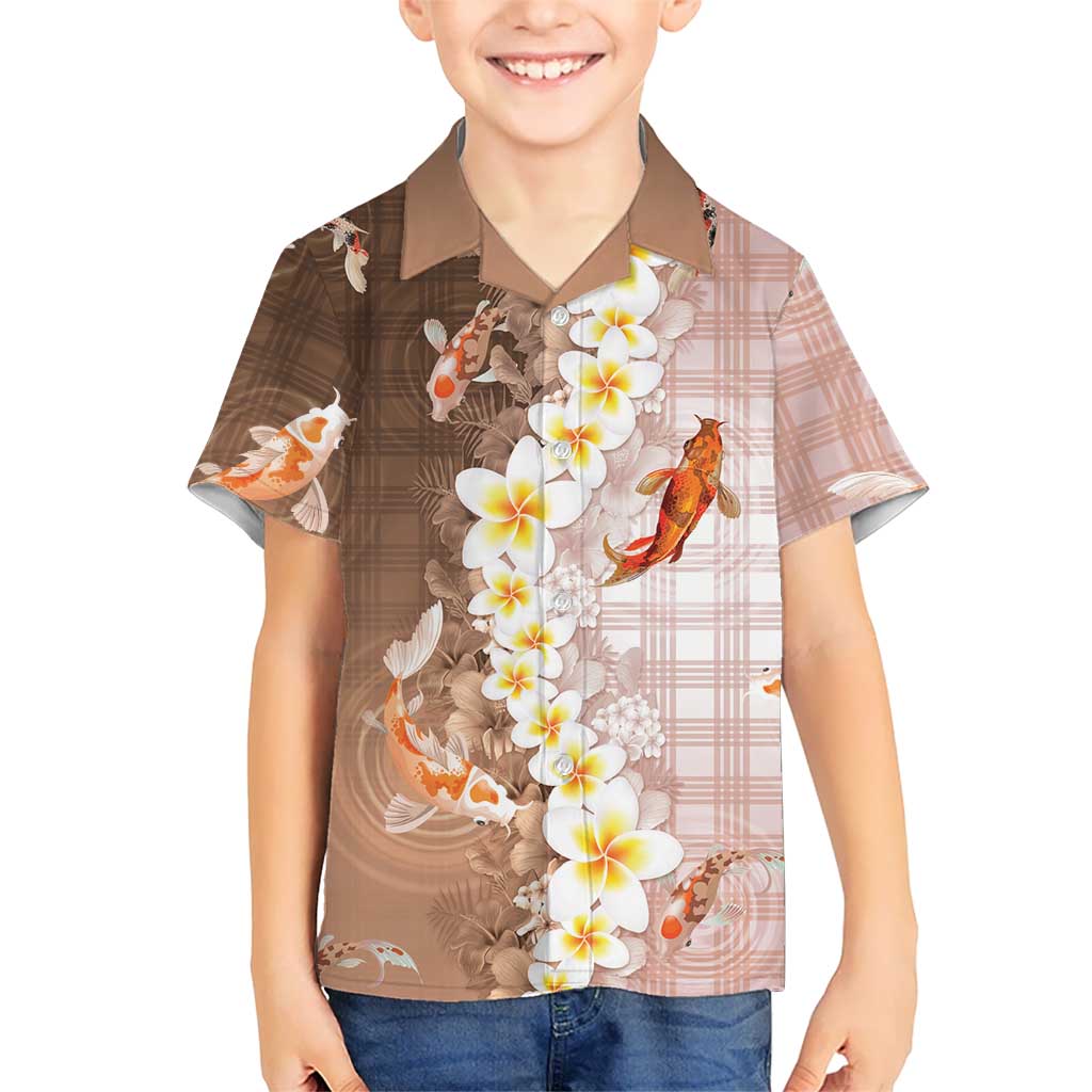 Hawaii And Japan Kid Hawaiian Shirt Plumeria Lei With Koi Fish Beige - Polynesian Pride