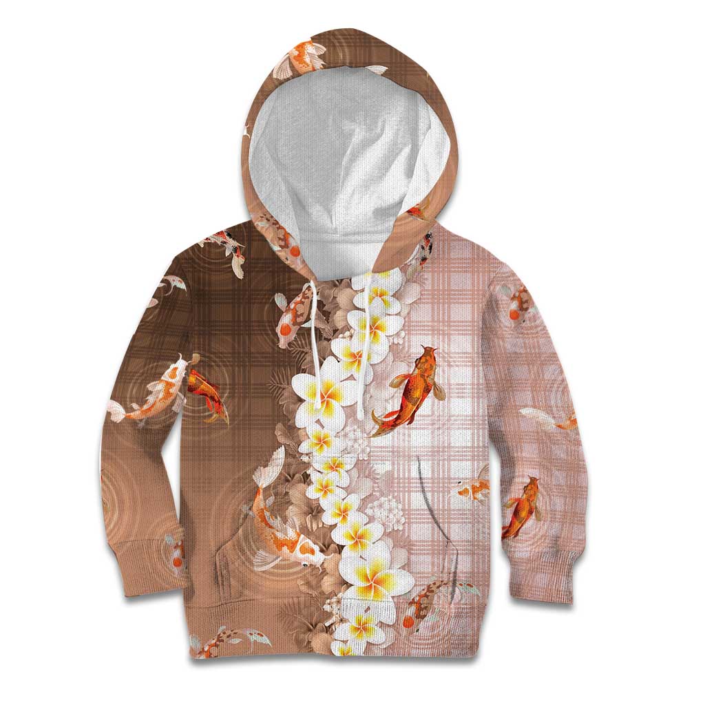 Hawaii And Japan Kid Hoodie Plumeria Lei With Koi Fish Beige LT05 Hoodie Beige - Polynesian Pride