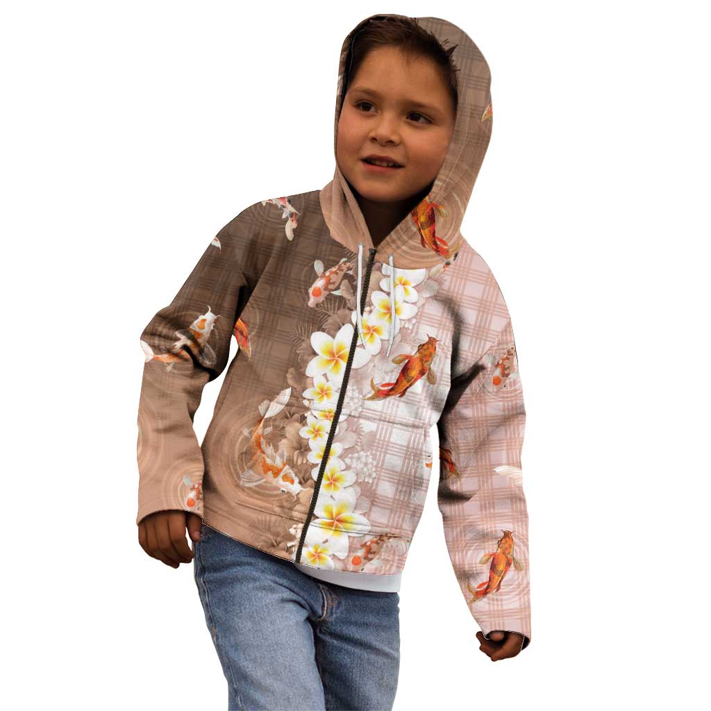 Hawaii And Japan Kid Hoodie Plumeria Lei With Koi Fish Beige LT05 - Polynesian Pride
