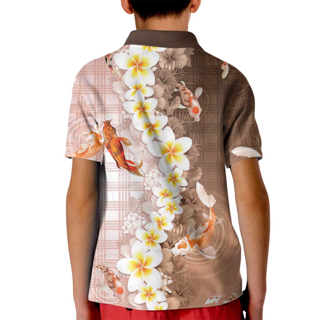 Hawaii And Japan Kid Polo Shirt Plumeria Lei With Koi Fish Beige LT05 - Polynesian Pride