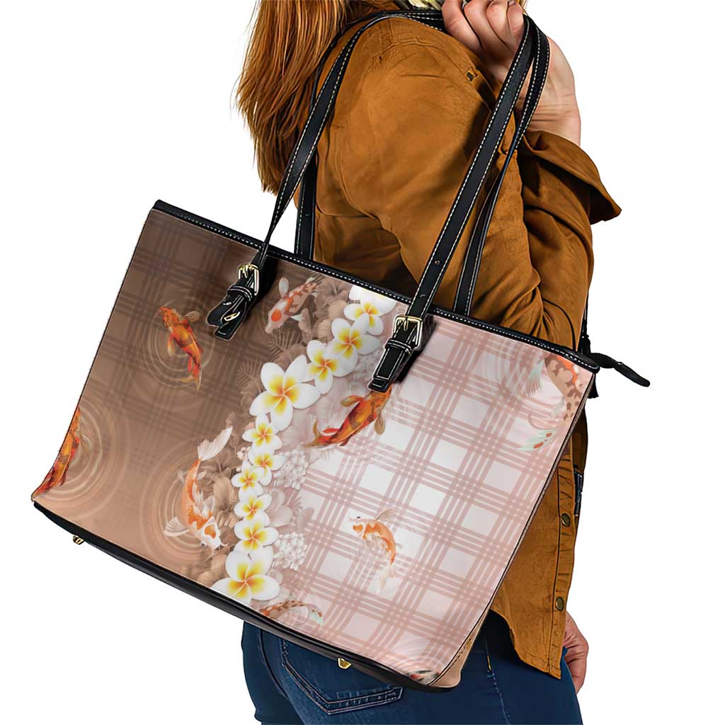 Hawaii And Japan Leather Tote Bag Plumeria Lei With Koi Fish Beige - Polynesian Pride