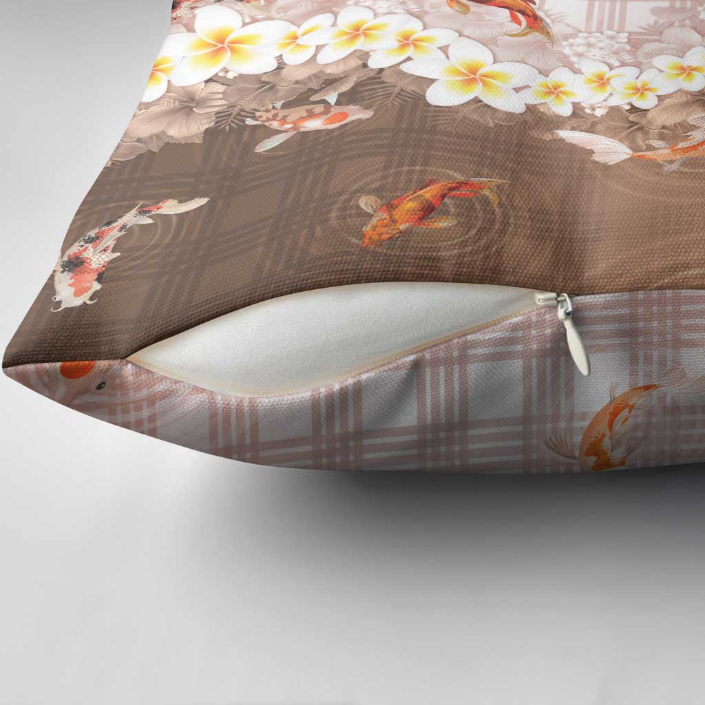 Hawaii And Japan Pillow Cover Plumeria Lei With Koi Fish Beige LT05 - Polynesian Pride