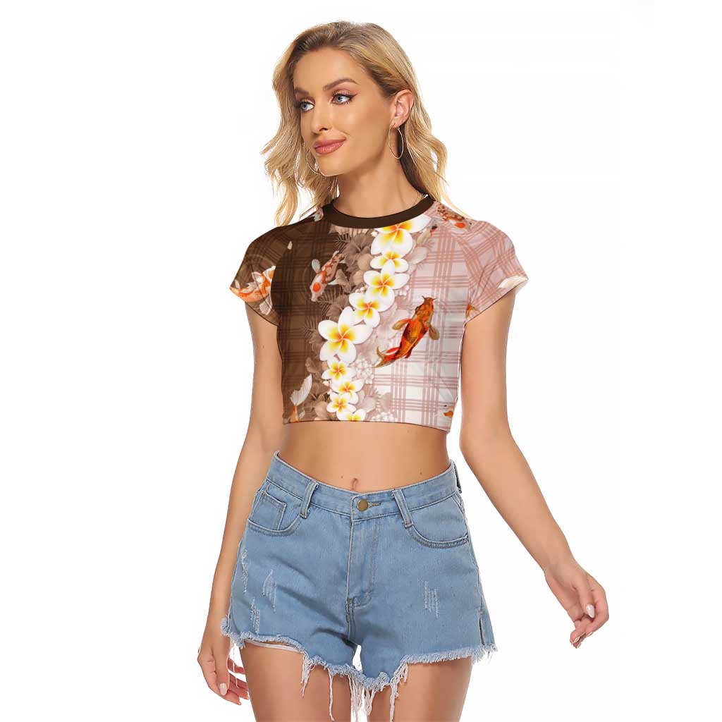 Hawaii And Japan Raglan Cropped T Shirt Plumeria Lei With Koi Fish Beige - Polynesian Pride