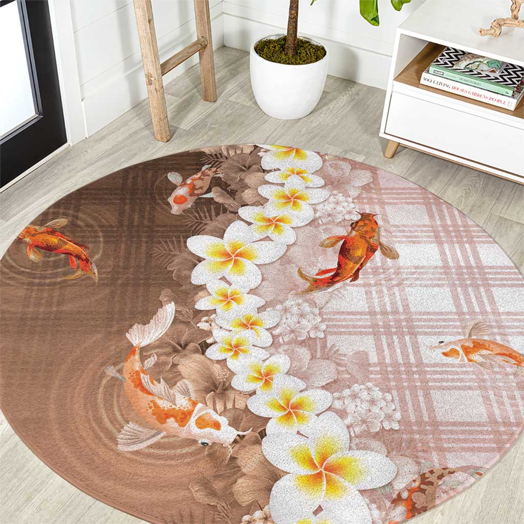 Hawaii And Japan Round Carpet Plumeria Lei With Koi Fish Beige - Polynesian Pride
