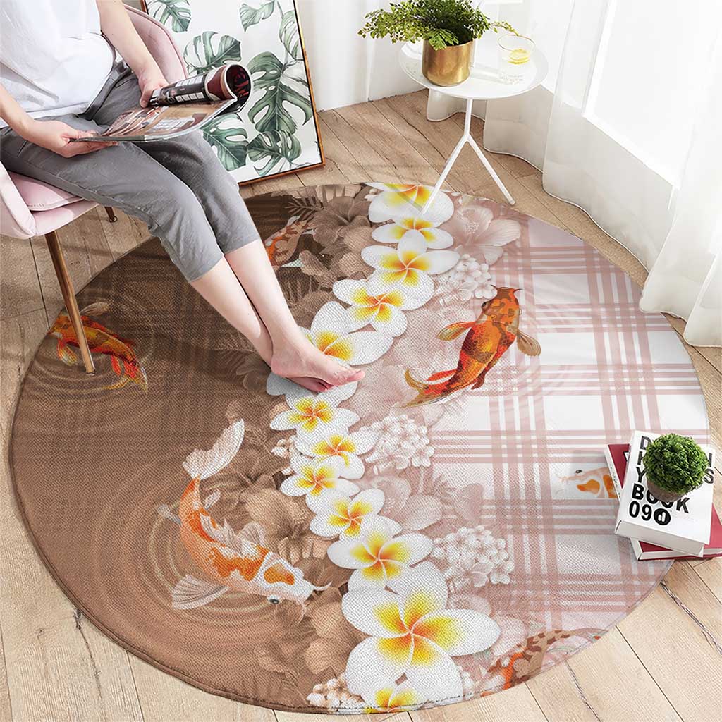 Hawaii And Japan Round Carpet Plumeria Lei With Koi Fish Beige LT05 - Polynesian Pride