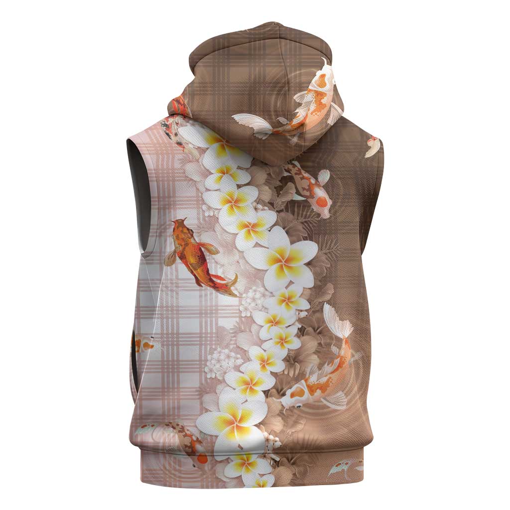 Hawaii And Japan Sleeveless Zip Hoodie Plumeria Lei With Koi Fish Beige - Polynesian Pride