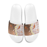 Hawaii And Japan Slide Sandals Plumeria Lei With Koi Fish Beige - Polynesian Pride