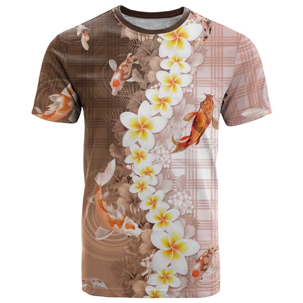 Hawaii And Japan T Shirt Plumeria Lei With Koi Fish Beige LT05 Beige - Polynesian Pride