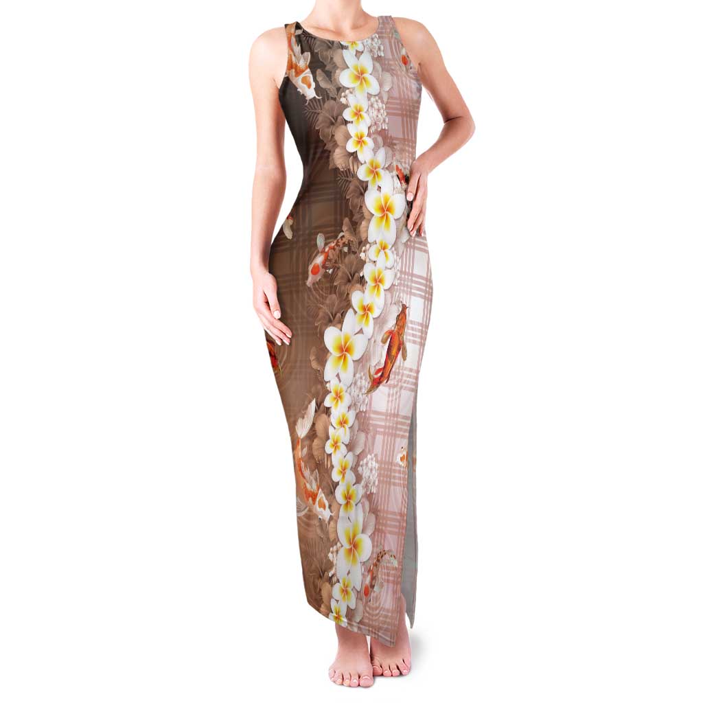 Hawaii And Japan Tank Maxi Dress Plumeria Lei With Koi Fish Beige LT05 Women Beige - Polynesian Pride
