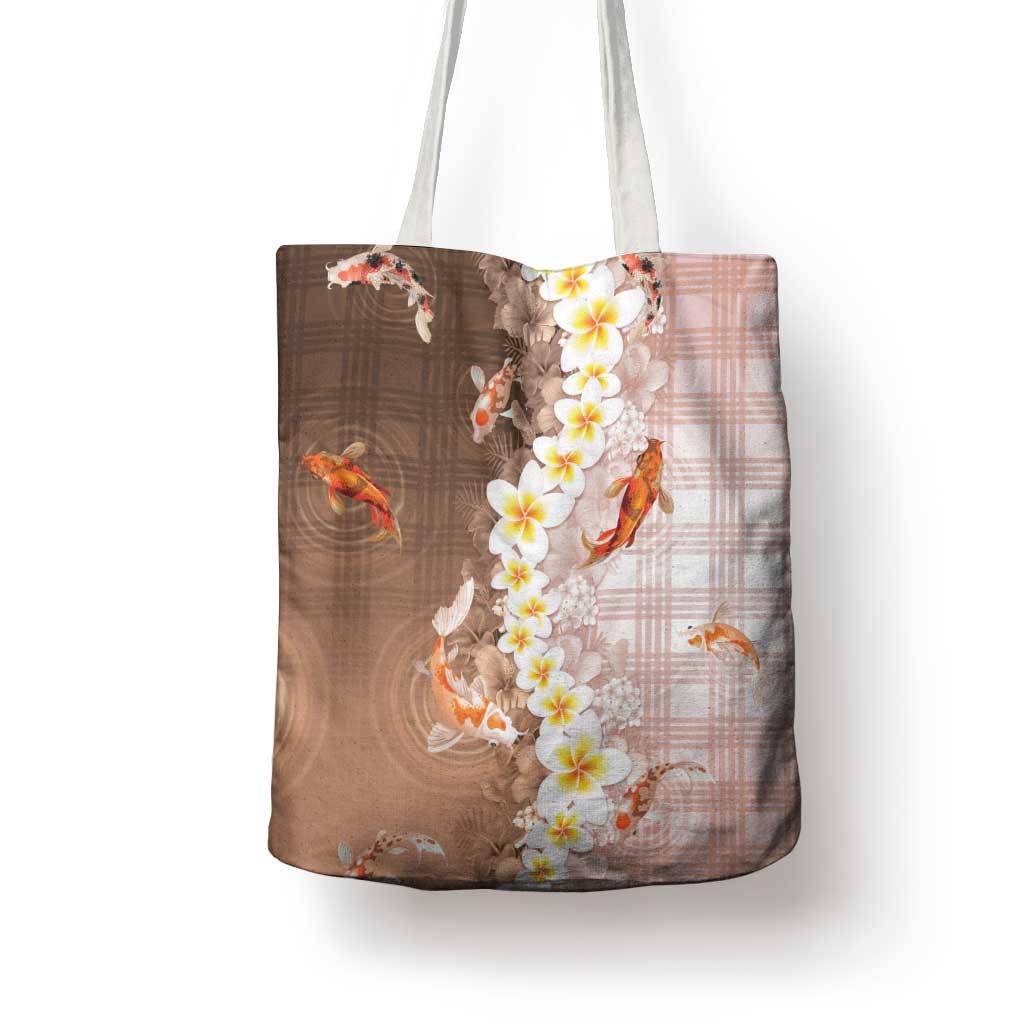 Hawaii And Japan Tote Bag Plumeria Lei With Koi Fish Beige LT05 - Polynesian Pride