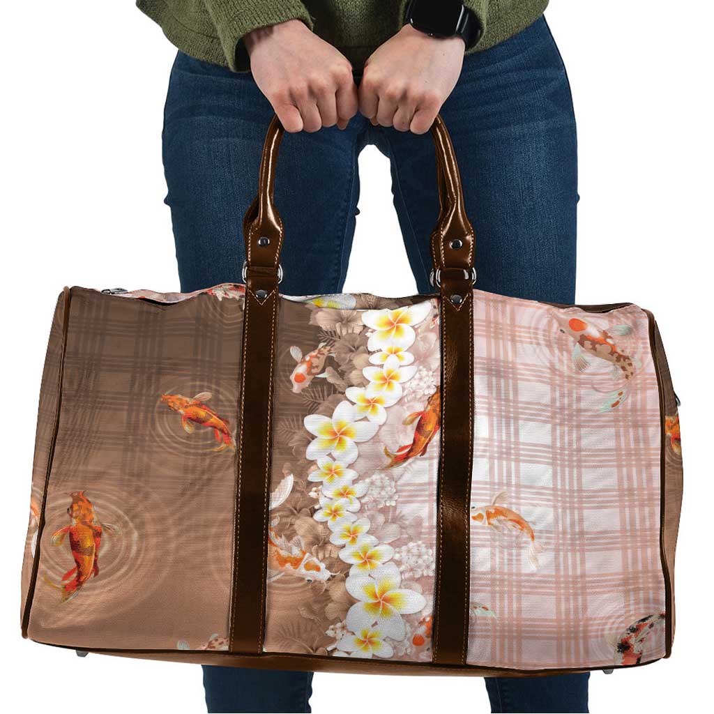 Hawaii And Japan Travel Bag Plumeria Lei With Koi Fish Beige LT05 Beige - Polynesian Pride