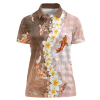 Hawaii And Japan Women Polo Shirt Plumeria Lei With Koi Fish Beige - Polynesian Pride
