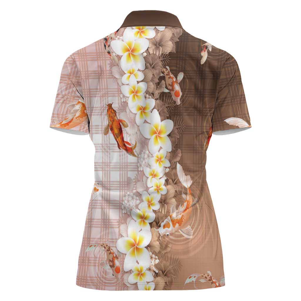 Hawaii And Japan Women Polo Shirt Plumeria Lei With Koi Fish Beige - Polynesian Pride