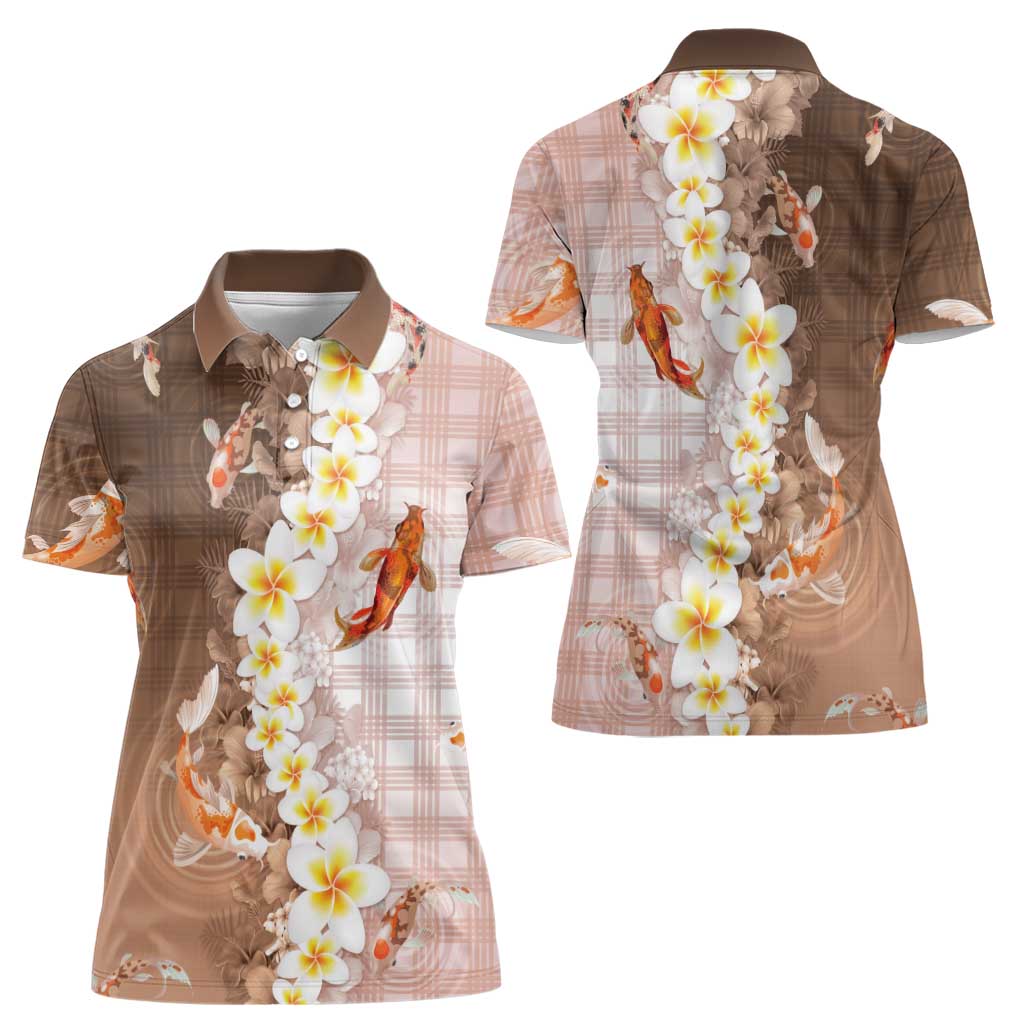 Hawaii And Japan Women Polo Shirt Plumeria Lei With Koi Fish Beige - Polynesian Pride