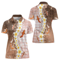 Hawaii And Japan Women Polo Shirt Plumeria Lei With Koi Fish Beige - Polynesian Pride
